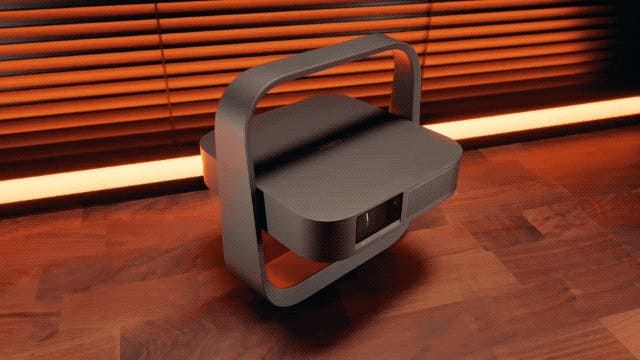Animasi memperlihatkan kemudahan memutar proyektor XGIMI Elfin Flip 4K secara vertikal untuk mengarahkan proyeksi dari dinding ke langit-langit