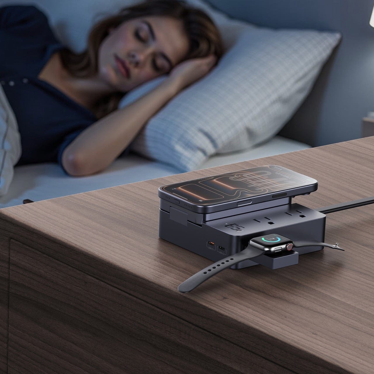 Close-up pengisian Apple Watch pada dudukan samping detachable TESSAN Power Elf I yang dapat dilepas dan digunakan secara independen