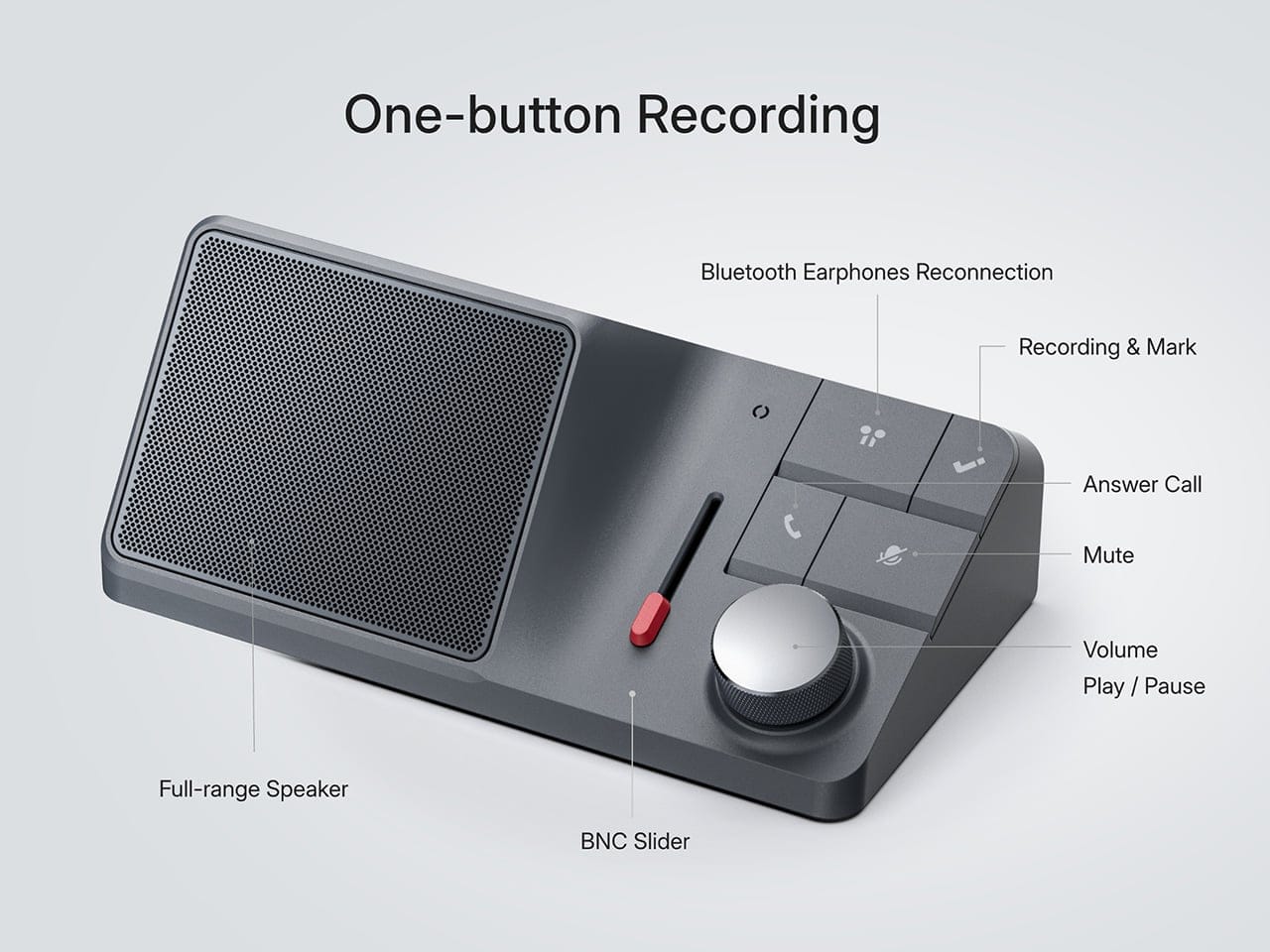 HiDock H1 Lite dengan bagian speaker menghadap depan, siap digunakan sebagai speakerphone saat rapat