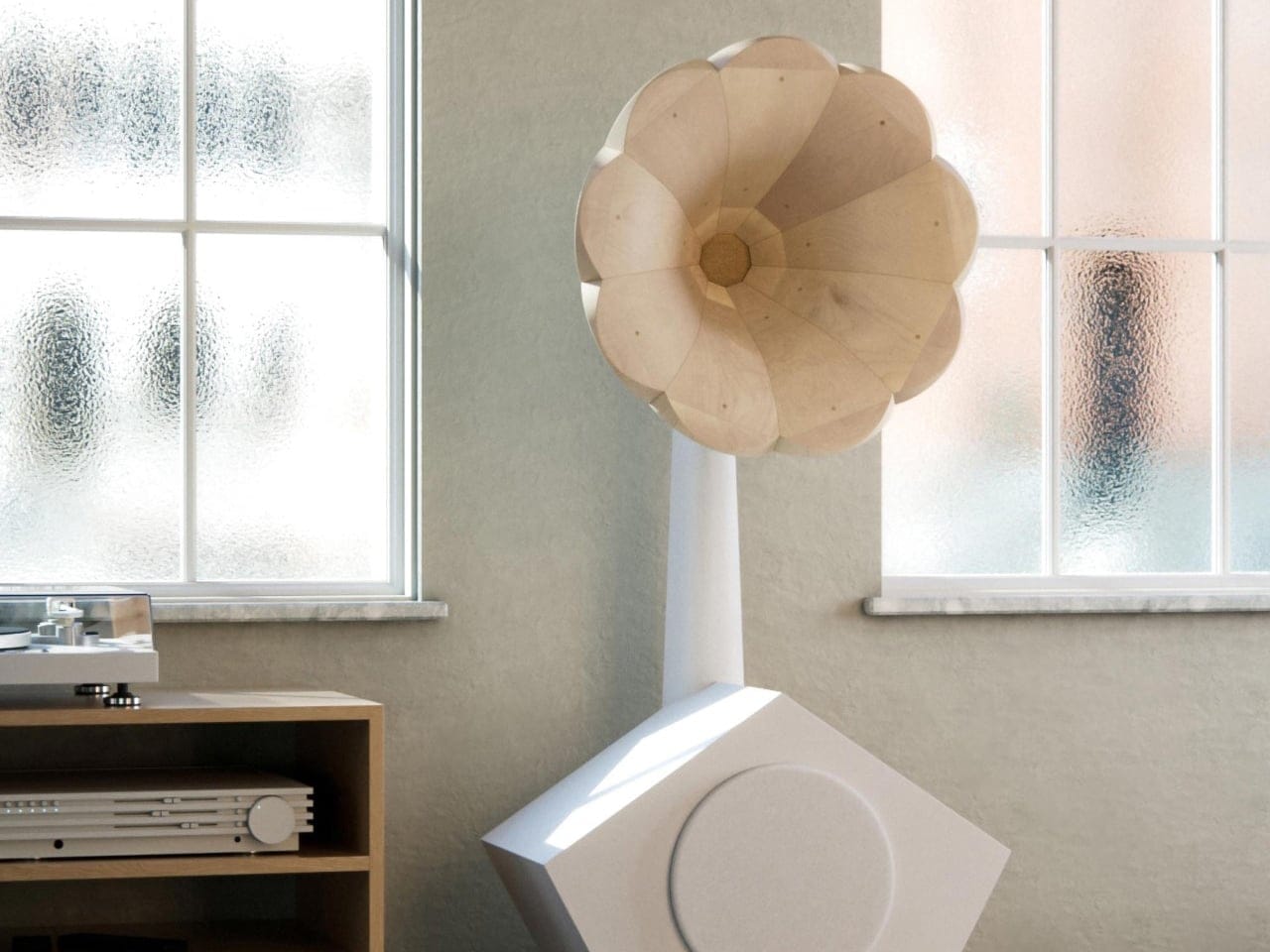 Koleksi sound sculpture speaker artistik sebagai pajangan mewah ruang tamu modern
