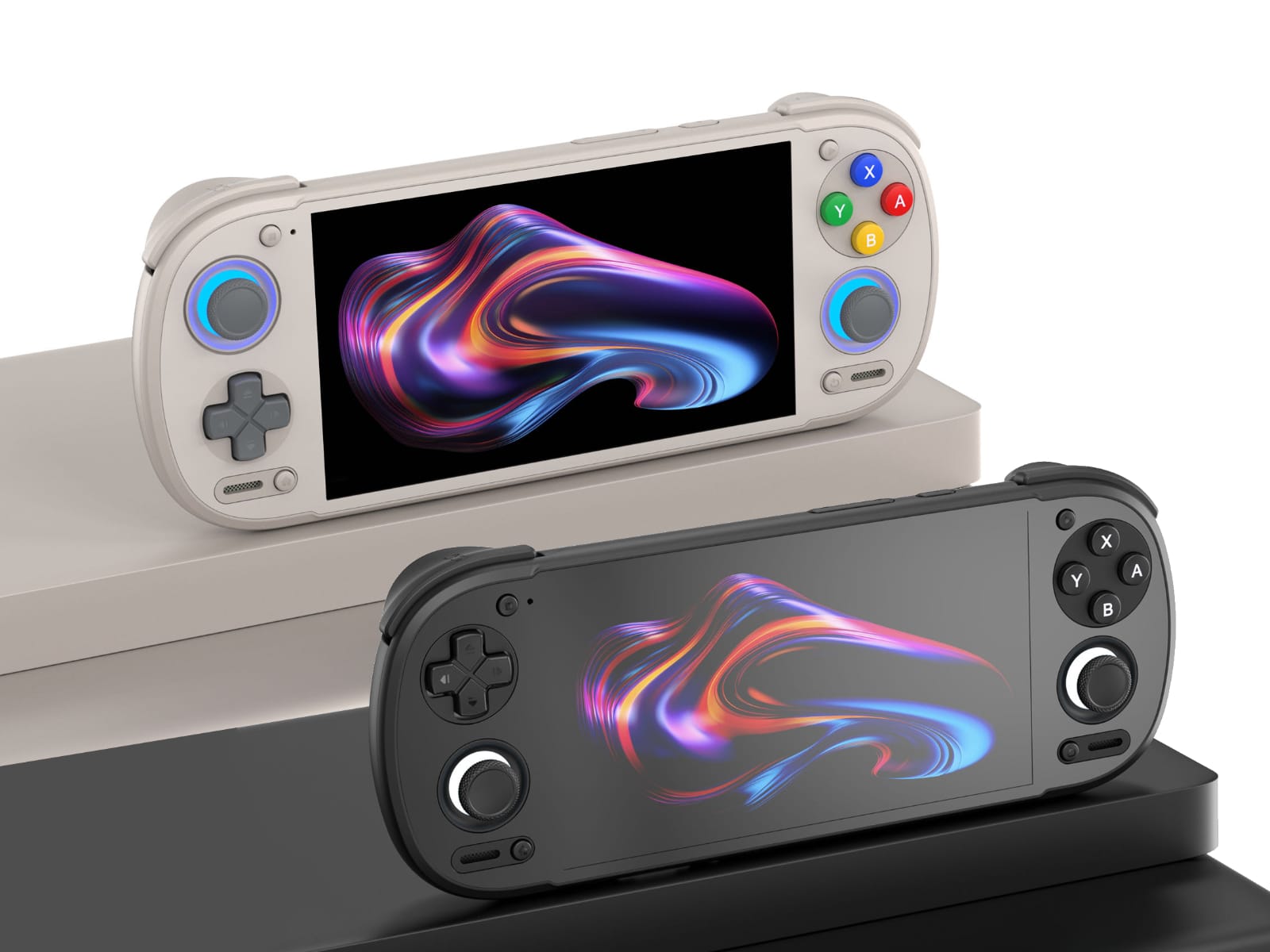Konsol genggam Retroid Pocket 6 berwarna abu-abu dengan tombol retro klasik