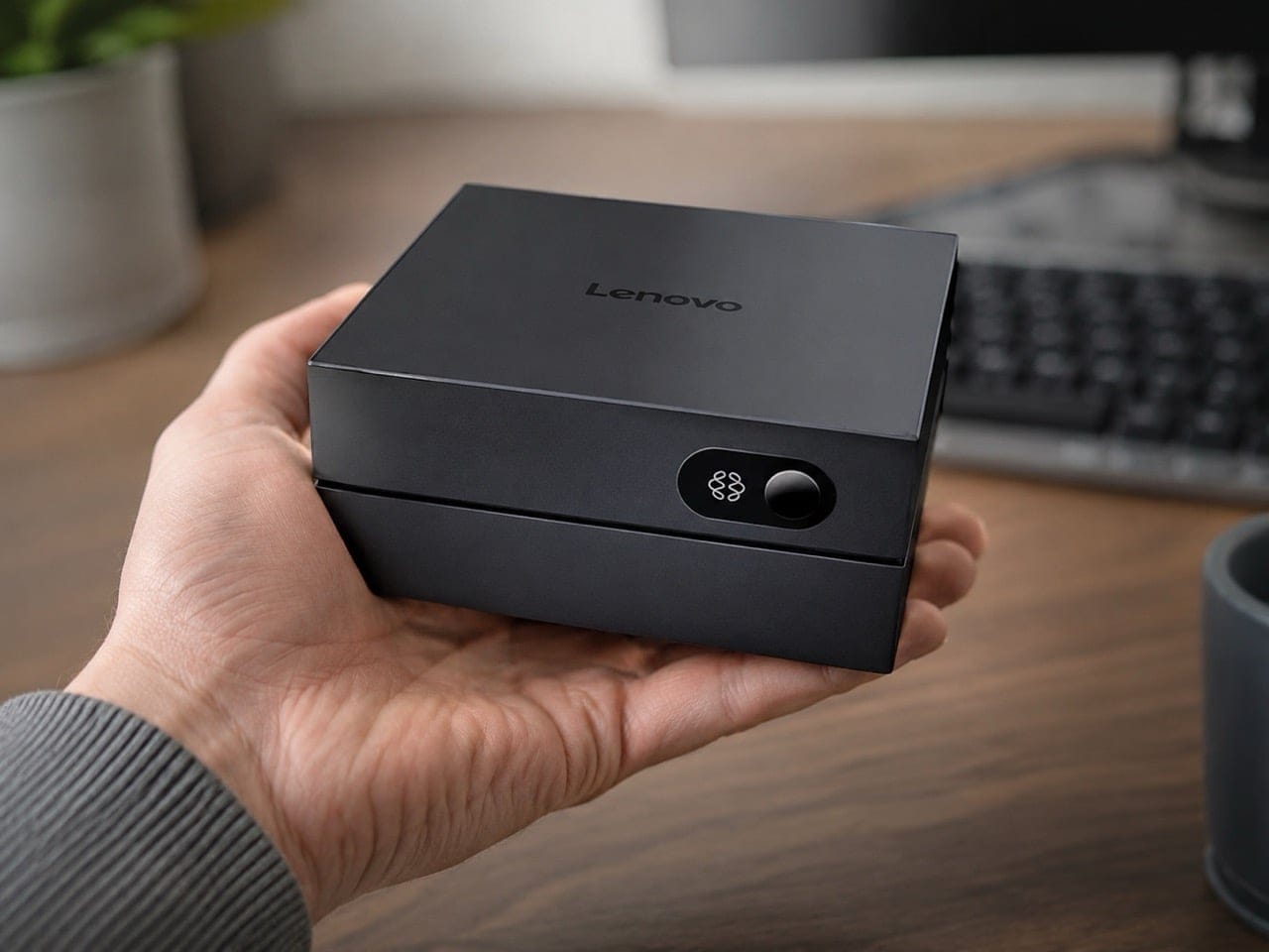 Lenovo AI Host Mini tampak depan dengan desain kotak hitam minimalis