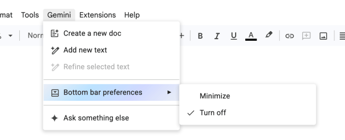 Menu pengaturan preferensi bilah bawah Gemini di Google Docs