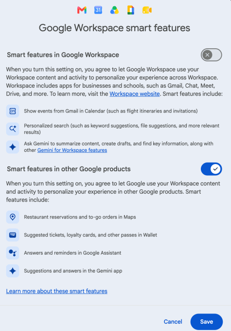 Pengaturan fitur pintar Google Workspace di dalam menu Gmail