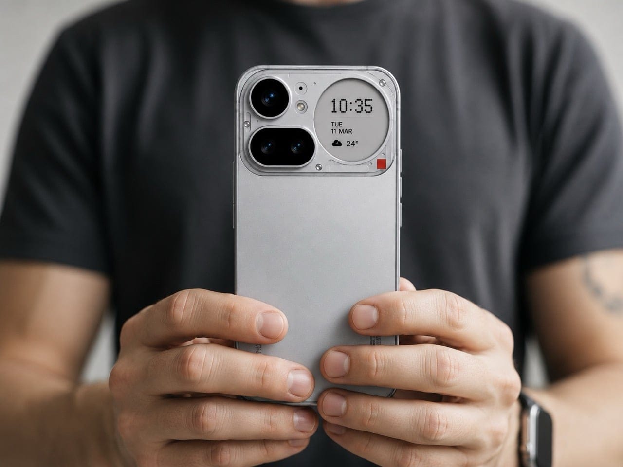 Perbandingan desain belakang Nothing 4a Pro asli versus konsep layar E-Ink