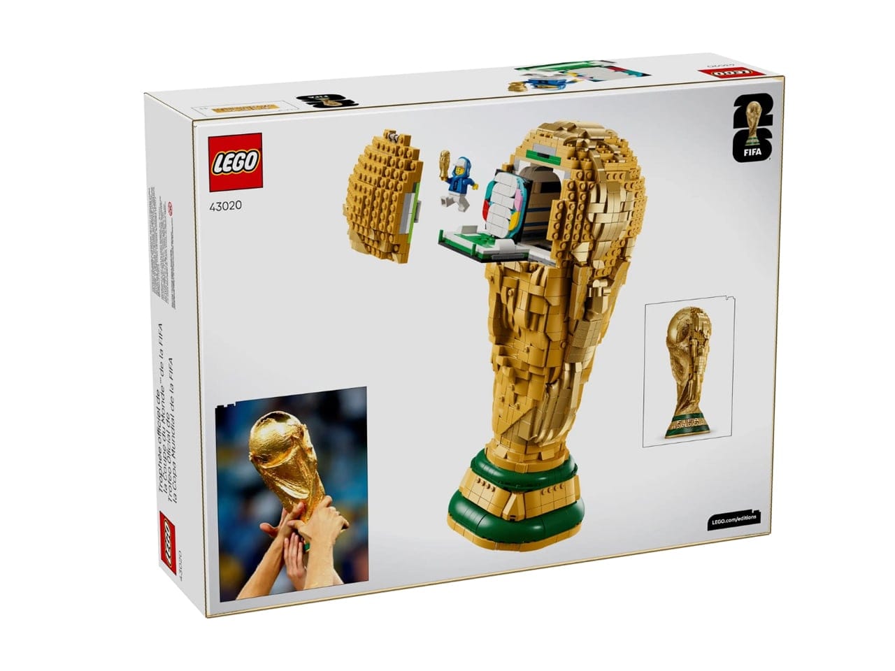 Perspektif depan LEGO Official World Cup Trophy yang mencerminkan prestise turnamen