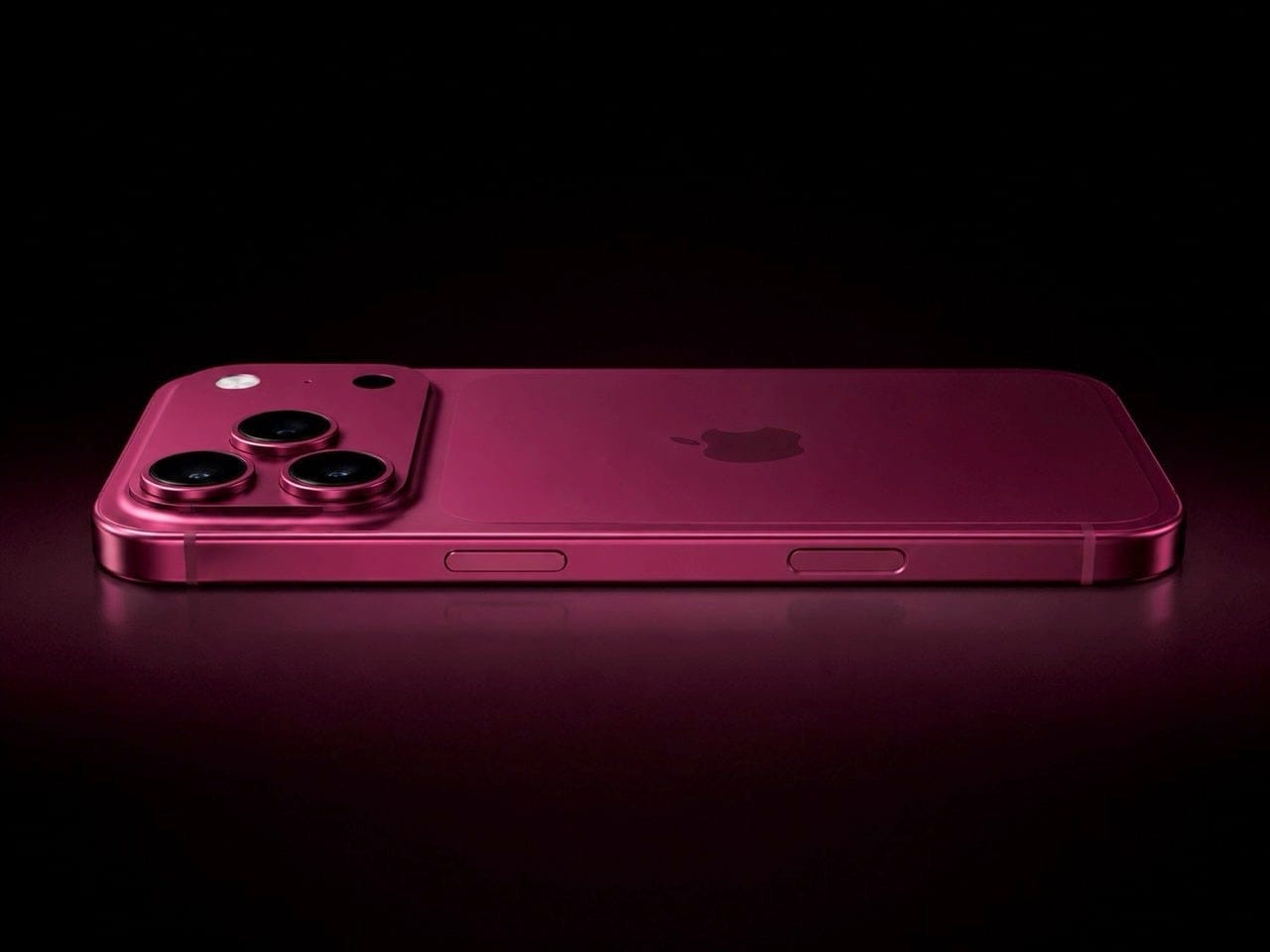Render belakang iPhone 18 Pro Max varian warna Dark Cherry dengan tiga lensa