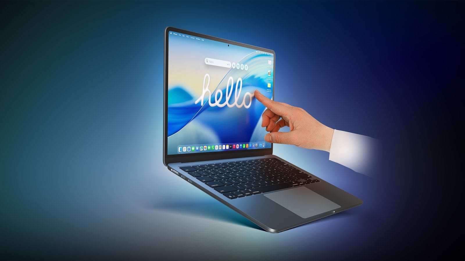 Render konsep MacBook layar sentuh dengan antarmuka macOS yang lebih ramah sentuhan