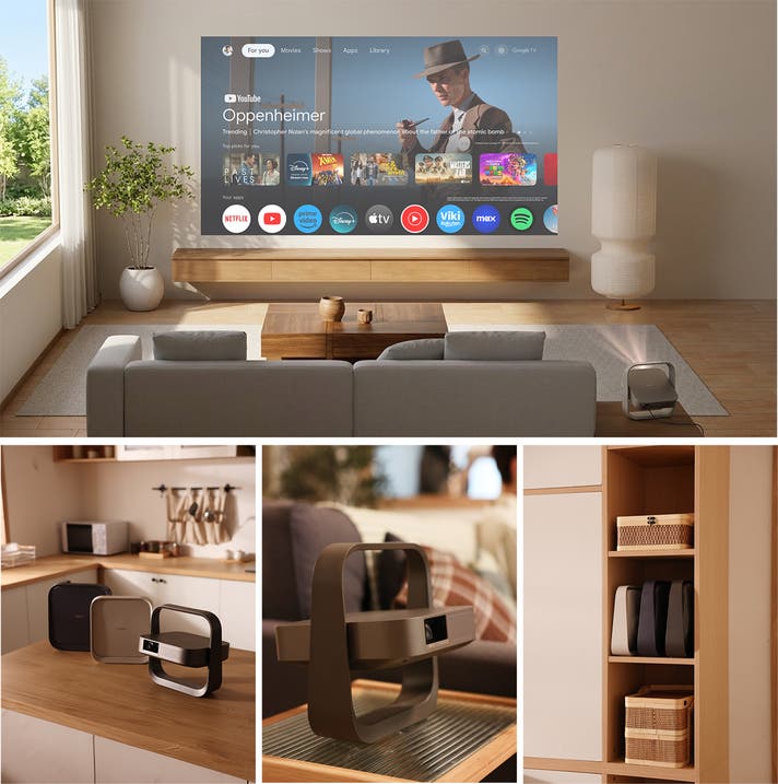 Seseorang bersantai di sofa sambil menonton film di langit-langit ruang tamu yang diproyeksikan oleh XGIMI Elfin Flip 4K dengan dudukan lantai