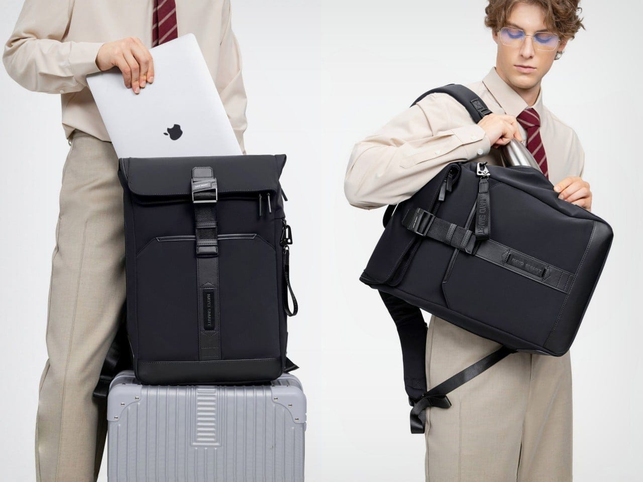 Tampak depan tas Herman Pro berwarna hitam yang memperlihatkan siluet half-roll-top yang rapi dan minimalis.
