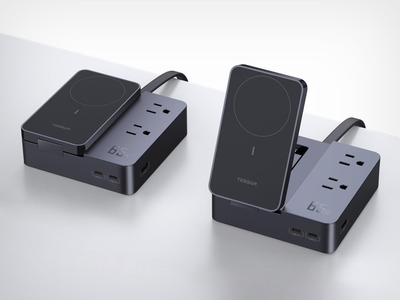 Tampak depan TESSAN Power Elf I dalam posisi terlipat datar sebagai kotak pengisi daya nightstand minimalis