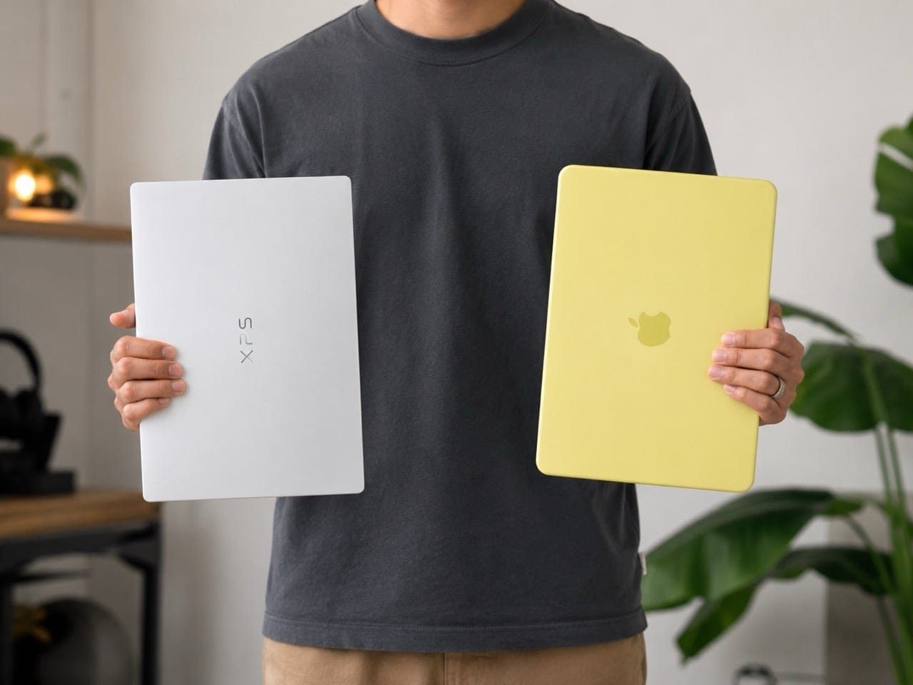 Tampilan perspektif laptop Dell XPS 13 2026 dengan bodi aluminium tipis dan layar 2.5K menyala di atas meja