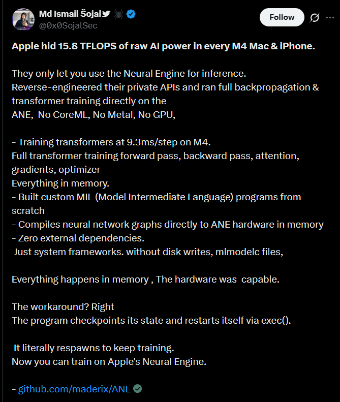Tangkapan layar kode proyek open-source untuk membobol Neural Engine Apple M4